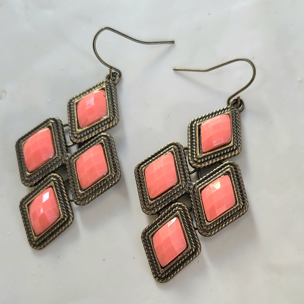 Brass Tone Pink and Gold Geometric Drop Earrings